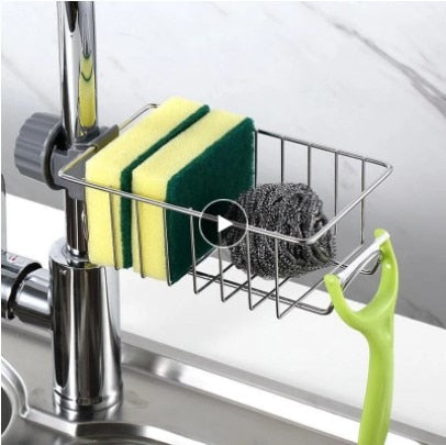 1PC Stainless Steel Faucet Rack Kitchen Storage Shelf Sponge Dish Cloth Finishing Rack Drain Dry Rack Pool Rag Storage Basket