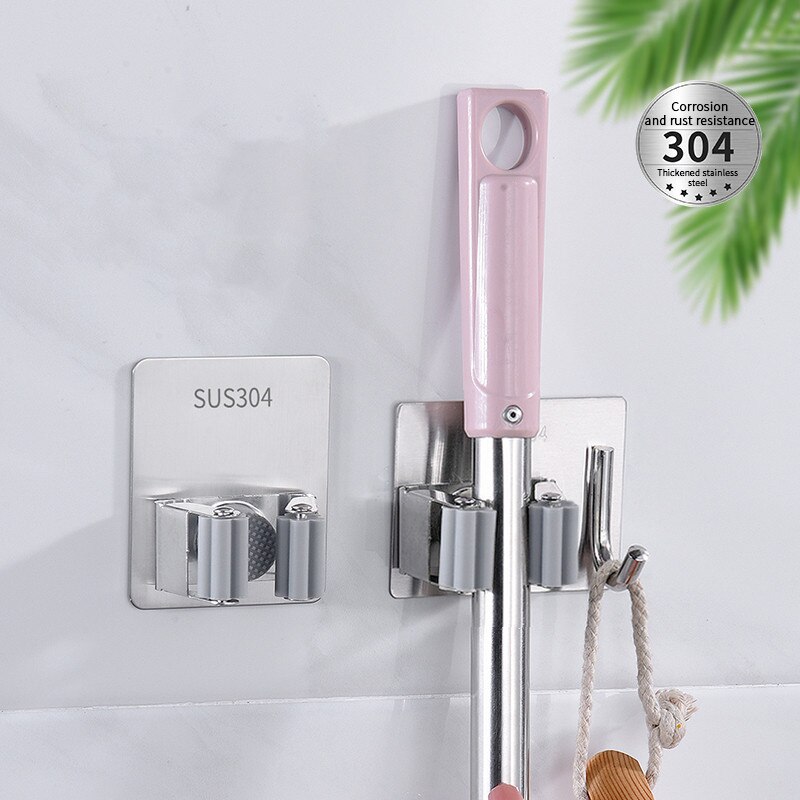 Wall Mounted Broom Holder Stainless Steel Heavy Mop Brush Storage Hanger With Hook Multifunctional Kitchen Bathroom Organizer