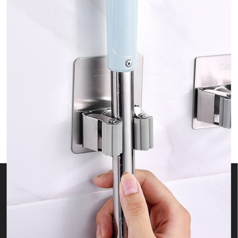 Wall Mounted Broom Holder Stainless Steel Heavy Mop Brush Storage Hanger With Hook Multifunctional Kitchen Bathroom Organizer